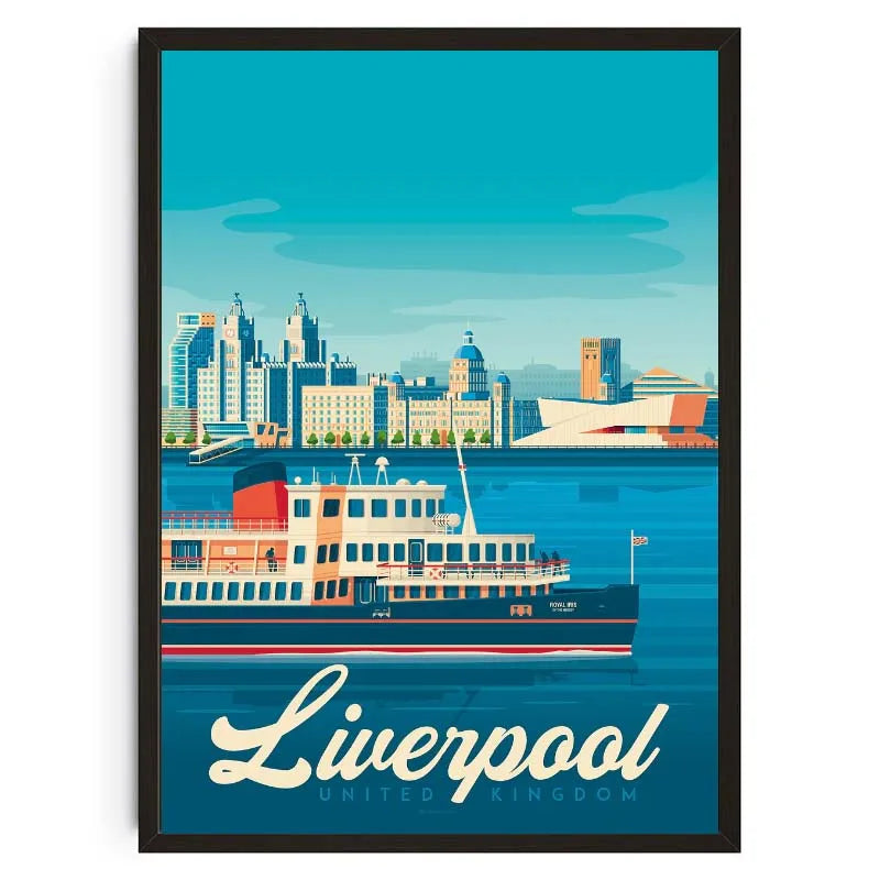 Framed artwork of Liverpool with a ferry and city skyline on a blue background