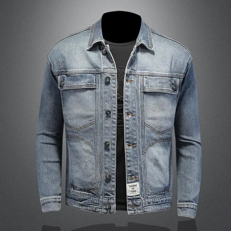 Blue denim jacket on a gray background