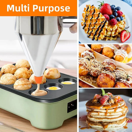 Stainless steel pancake batter dispenser with stand showing 600ml and 1200ml size options