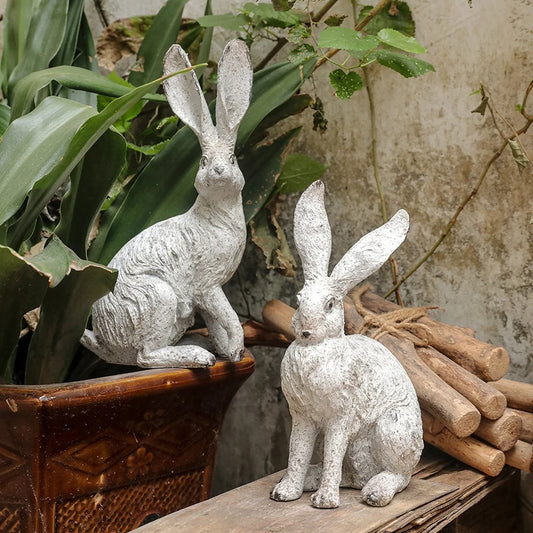 Rustic resin rabbit figurine pair decorative bunny ornaments with textured finish