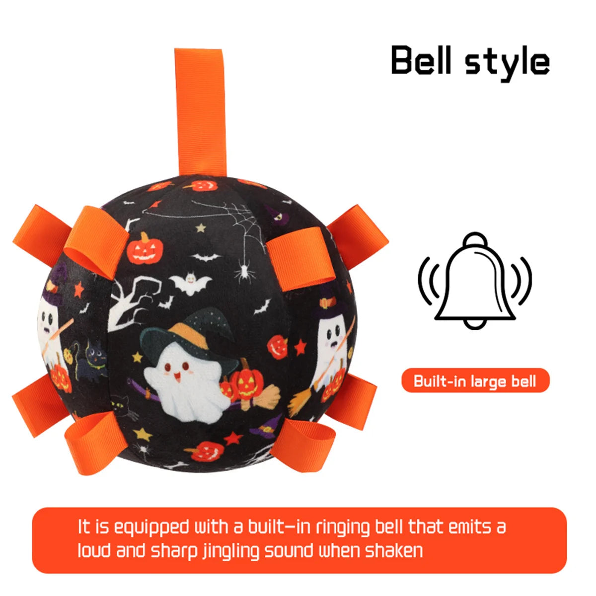 Halloween-themed ball with orange ribbons and a built-in bell on a white background