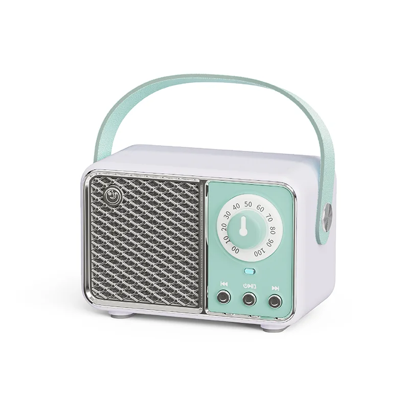 Vintage-style radio with a mint green handle on a white background