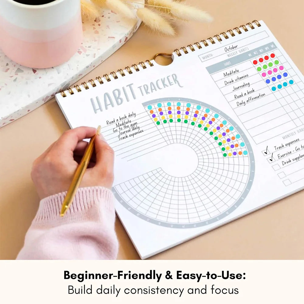 Habit tracker with colorful dot markers on a desk with a cup and decorative elements.