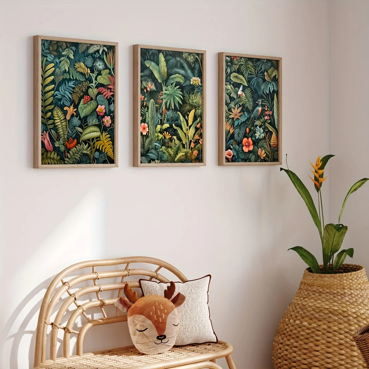 Three framed tropical wall art pieces above a wicker chair with cushions, next to a potted plant.
