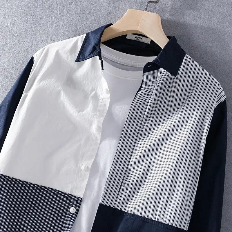 Men’s patchwork striped long sleeve shirt with contrast white or blue collar.