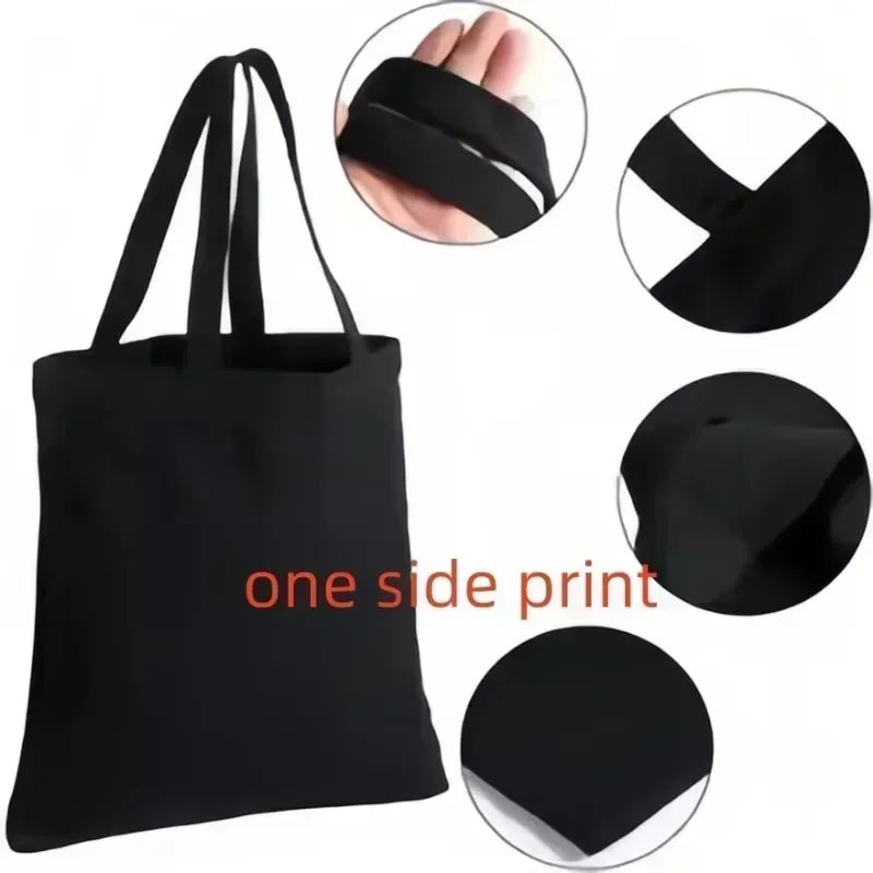 Black tote bag with close-up details on a white background