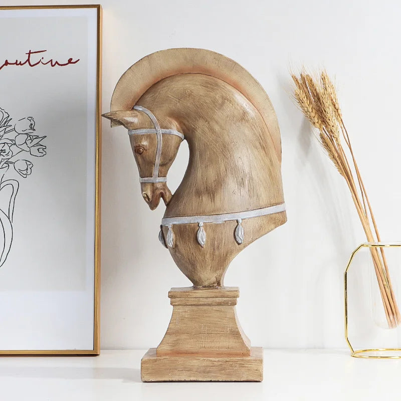 Wood effect resin horse bust sculpture with decorative silver-toned details on a freestanding pedestal base.
