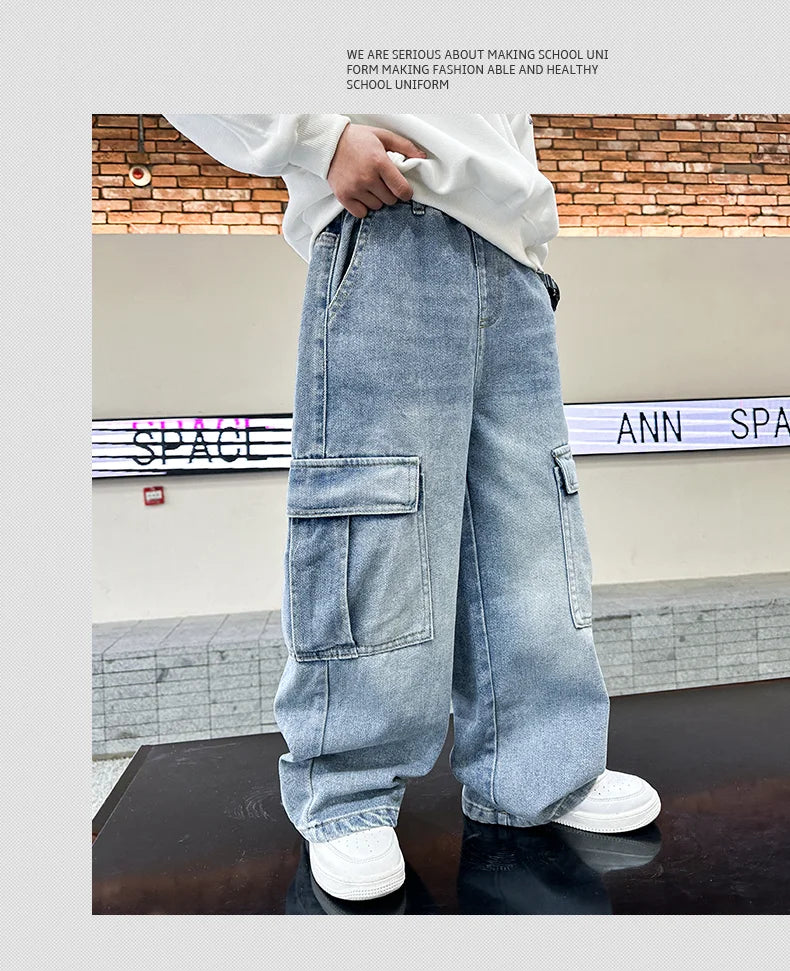 Person wearing light blue cargo jeans with a blurred background