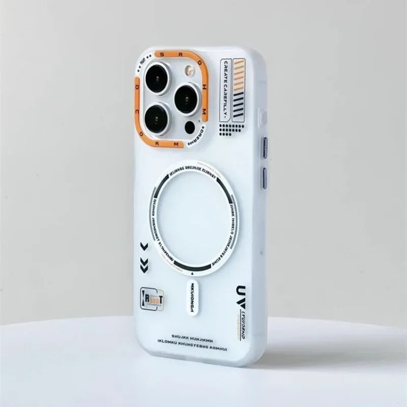 White phone case with black and orange accents on a light gray background