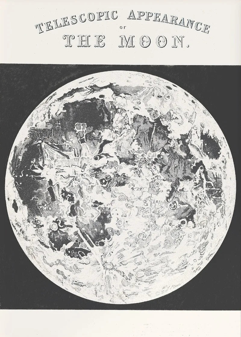 Telescopic appearance of the moon with text at the top