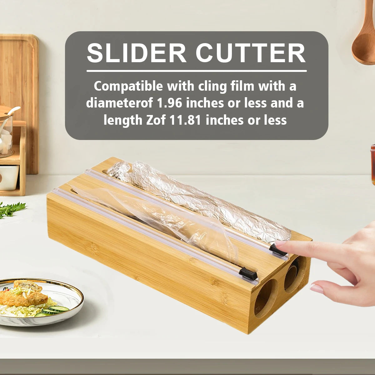 Bamboo kitchen wrap dispenser with integrated foil and cling film cutter