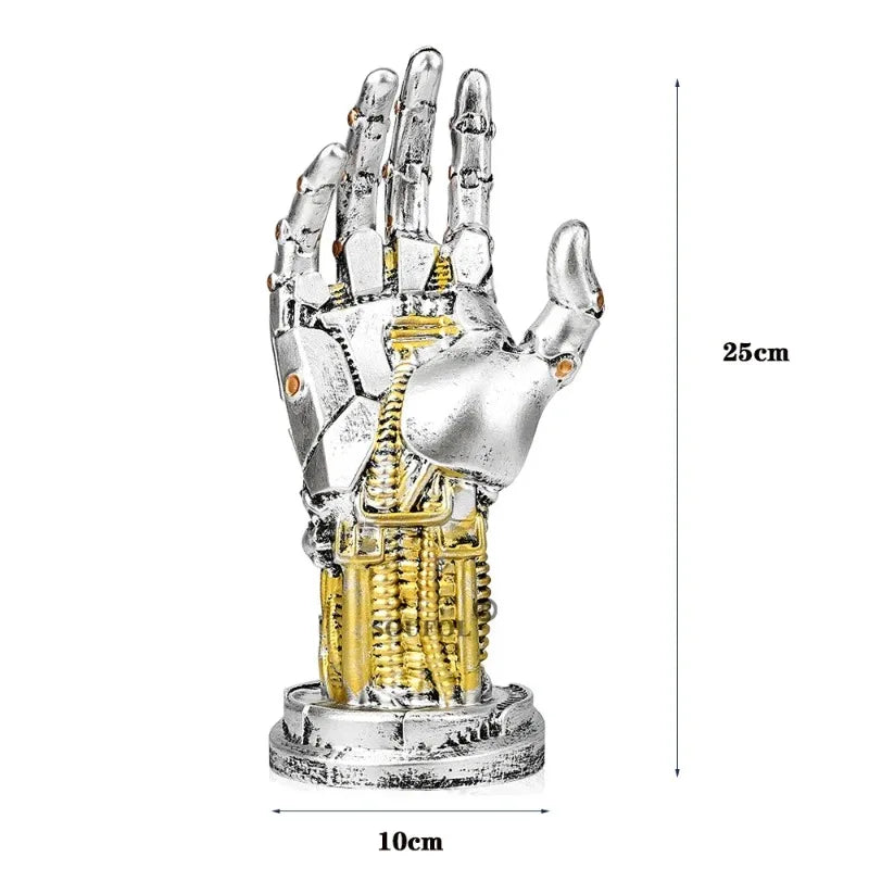 Metallic  sculpture with mechanical design, showing measurements on a white background