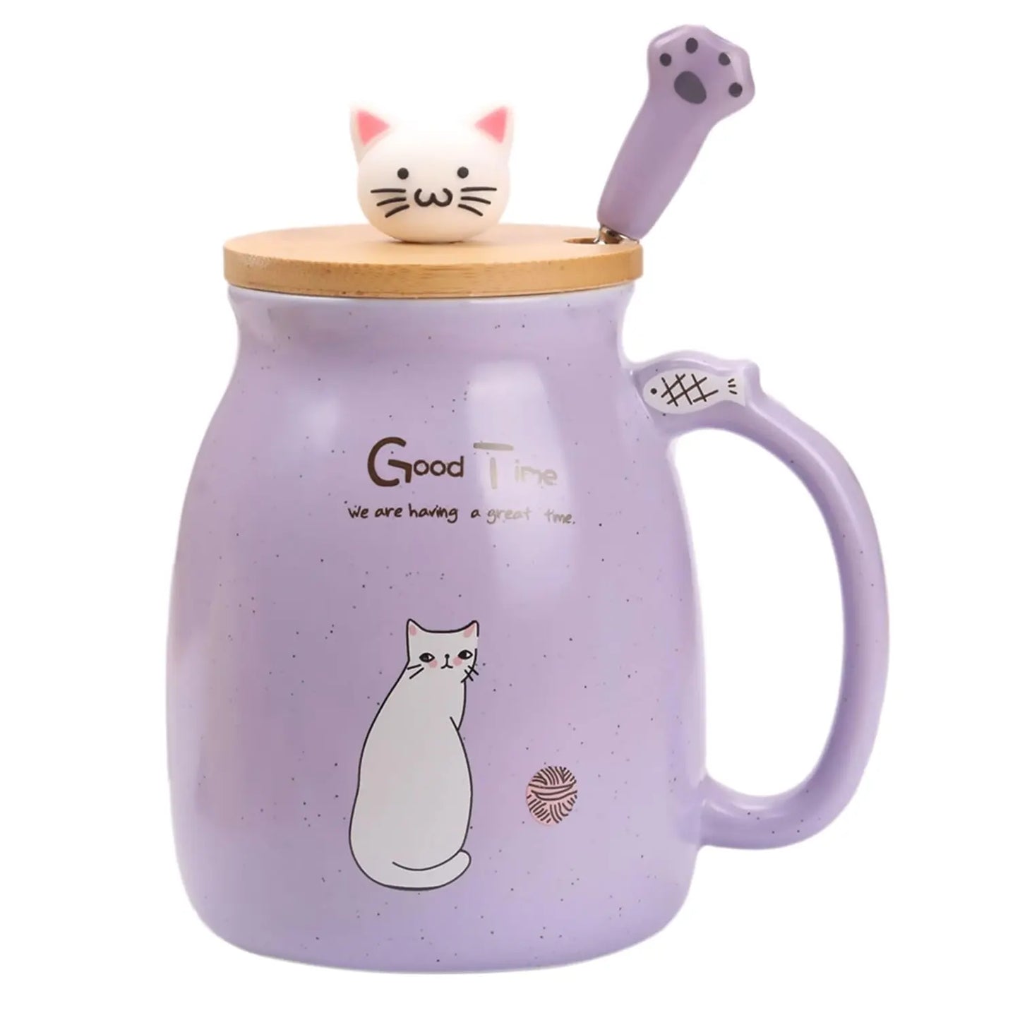 Kawaii pastel cat ceramic mug with wooden lid and cat spoon – Japanese style coffee cup