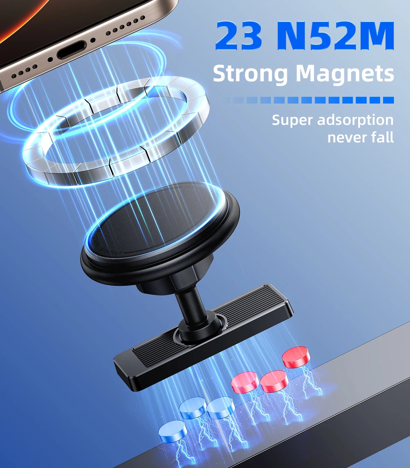 Phone holder with strong magnets on a blue background