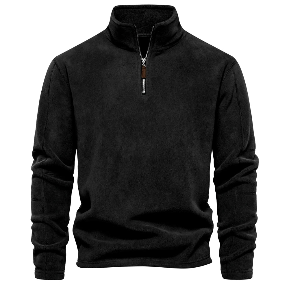 Black quarter-zip sweatshirt on a white background