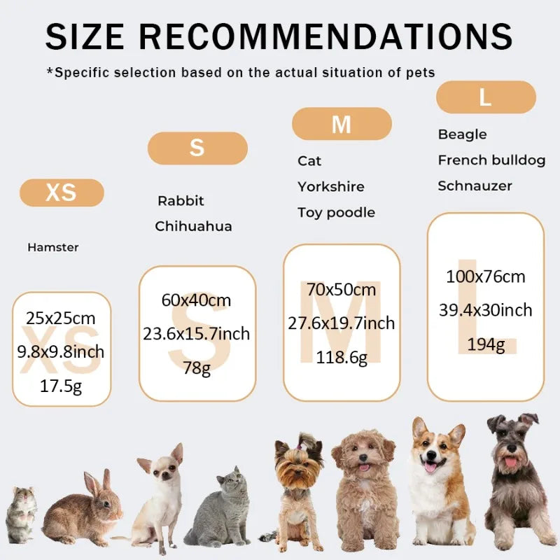 Size recommendations chart for pets with images of various animals and dimensions.