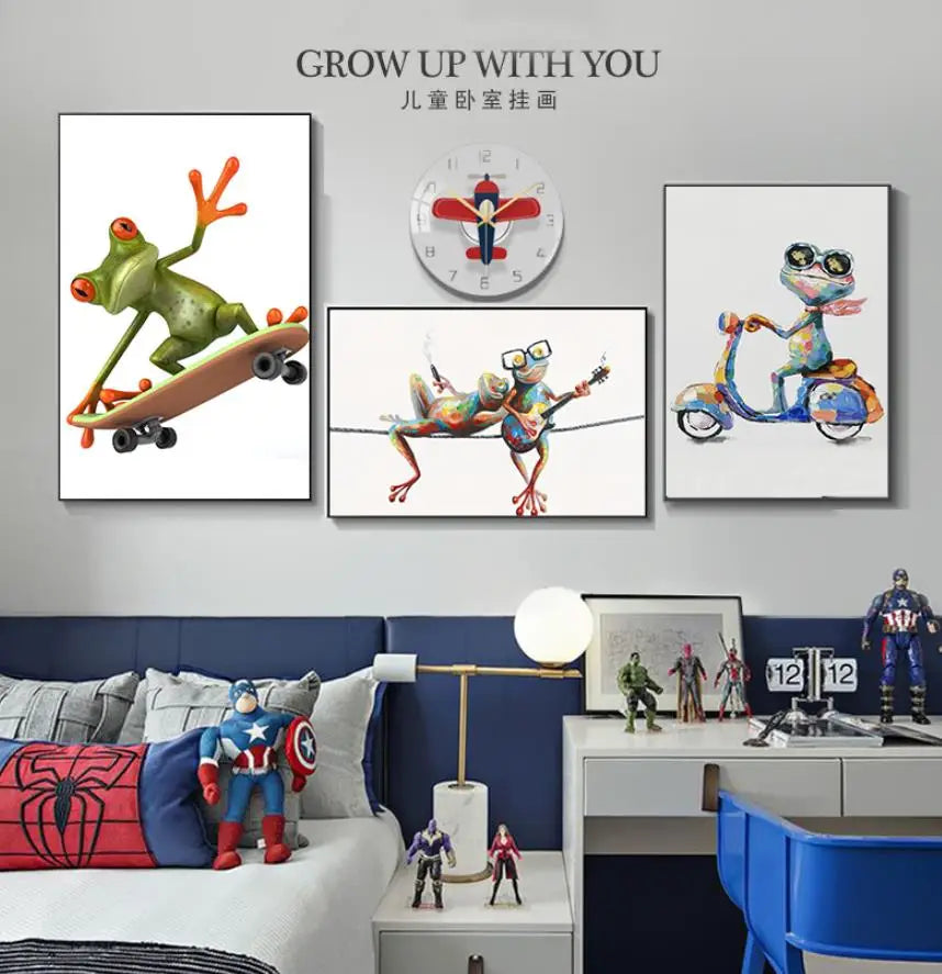 Children's room with cartoon frog wall art and superhero-themed decor.