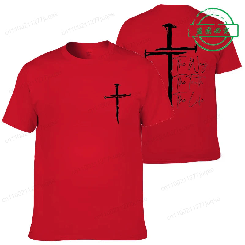 Red t-shirt with black cross design on front and text on back, on a white background.