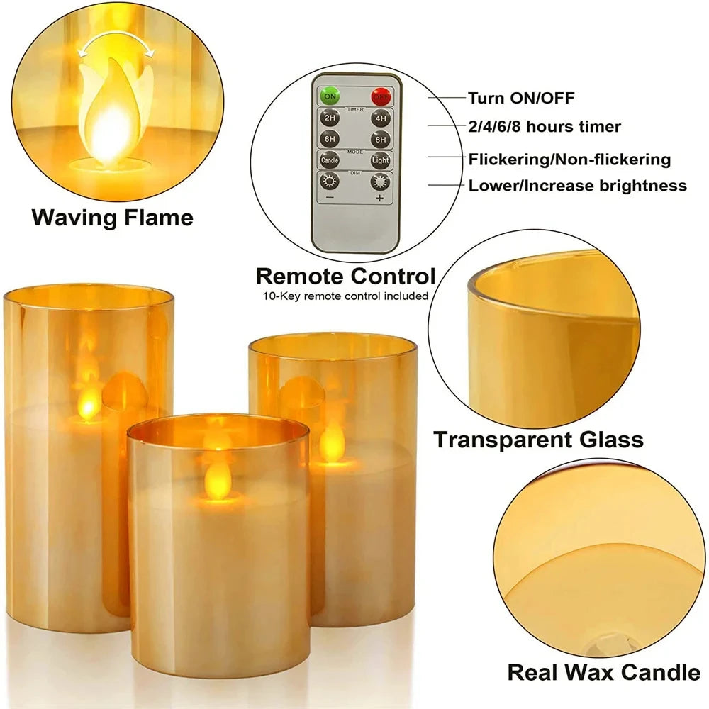 Set of electric candles with remote control, showing flame effect, timer, and glass material.