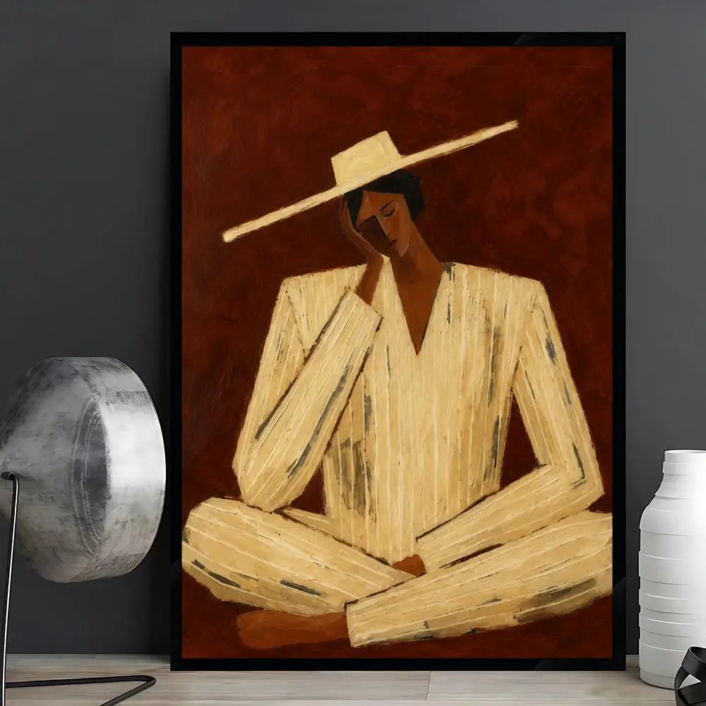 A framed art print featuring an abstract painting of a seated figure in a cream-colored striped suit and wide-brimmed hat against a dark reddish-brown background, displayed on a shelf next to a silver lamp and a white vase.