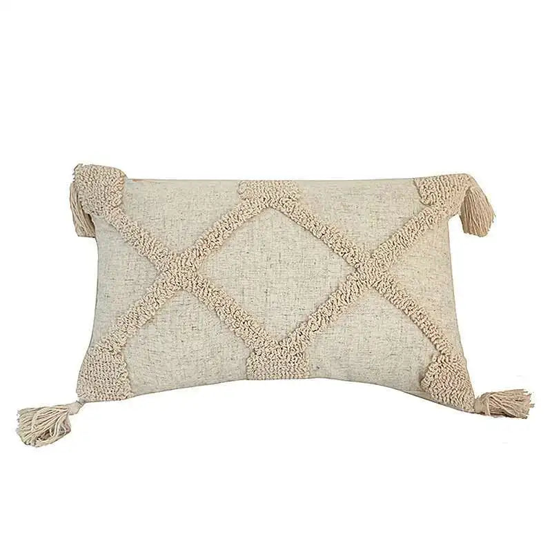 Decorative pillow with textured pattern and tassels on a white background