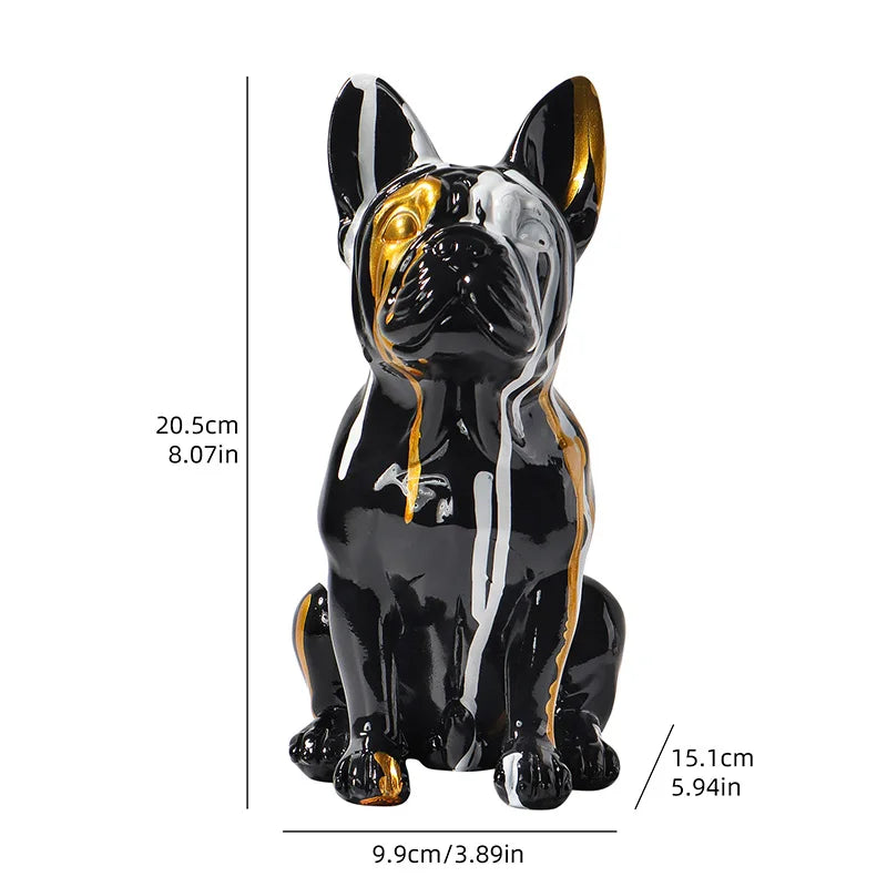 Black and gold ceramic dog figurine with measurements on a white background