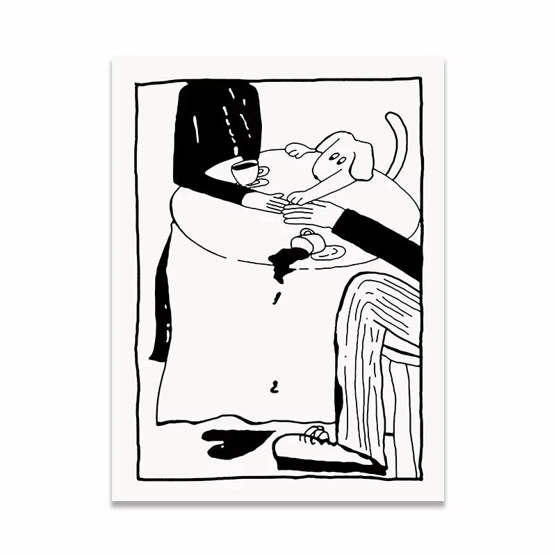 A minimalist black and white line art print featuring a stylized figure and a dog, presented as a vertical poster on a clean white background.