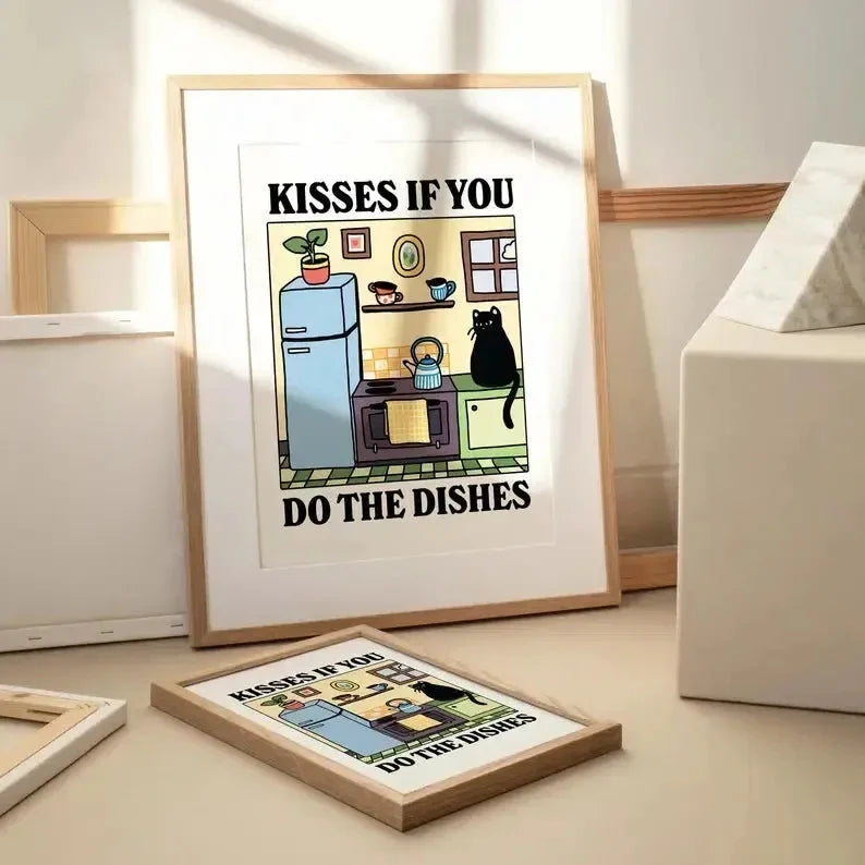 Kisses If You Do The Dishes cartoon cat kitchen wall art print in wooden frame