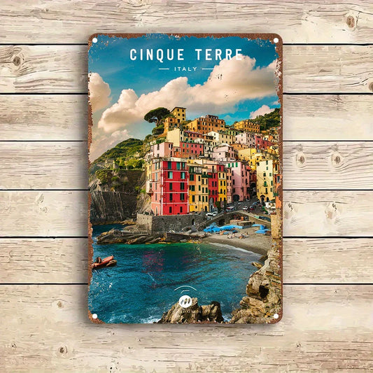 Cinque Terre Italy vintage metal wall sign featuring colourful coastal villages and seaside landscape in retro travel poster style