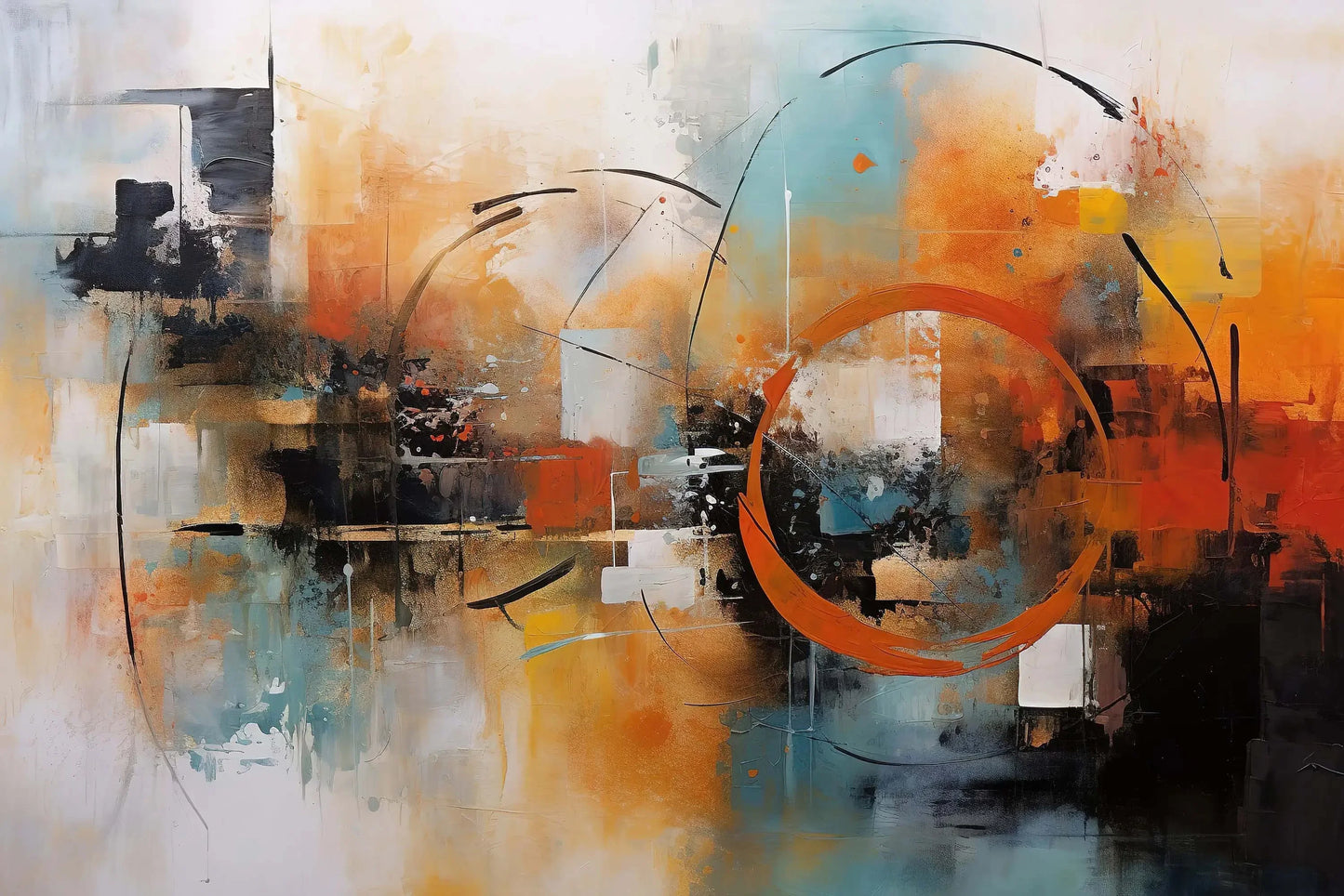 Abstract art painting with orange, blue, and black colors