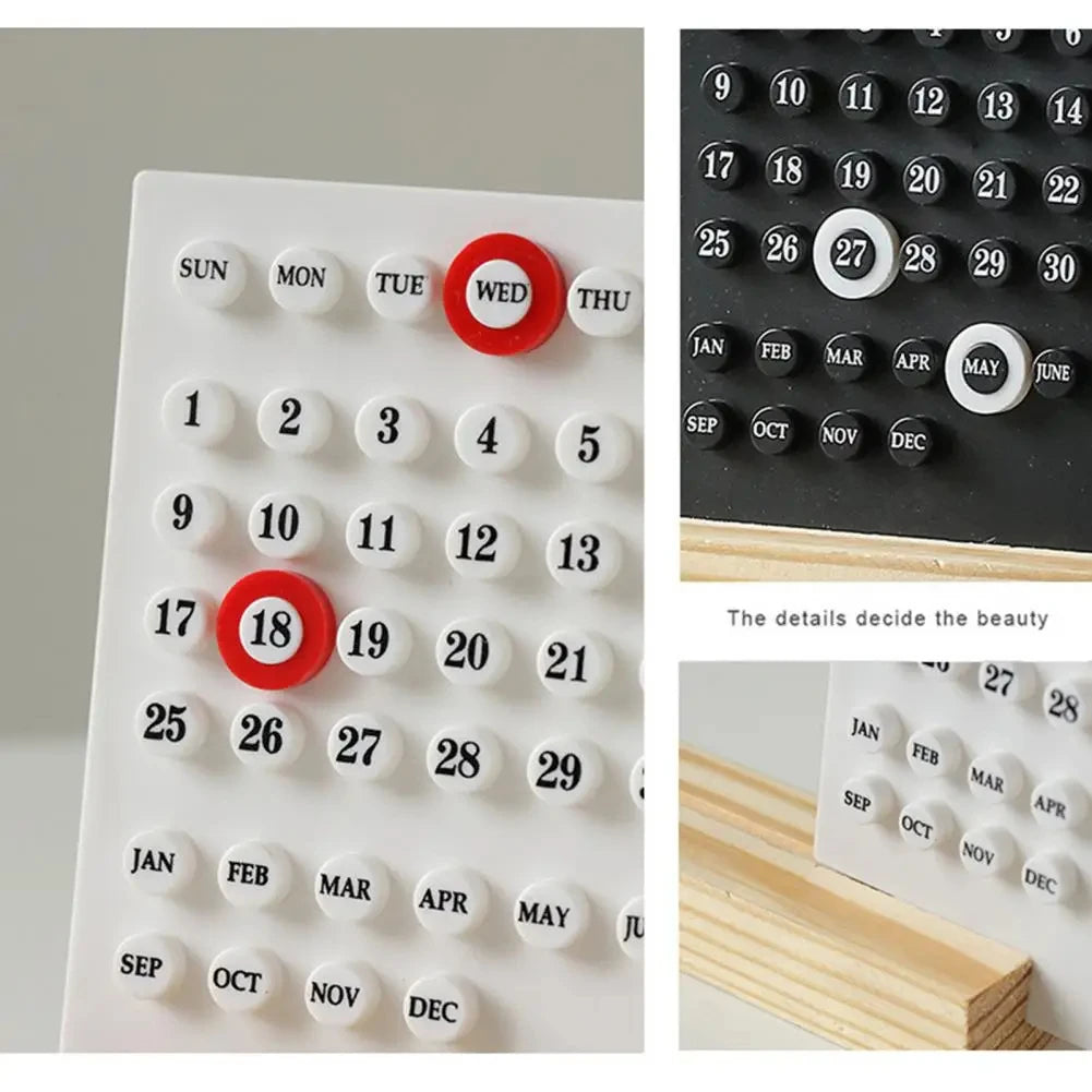 Calendar with circular buttons showing different days of the week and months.