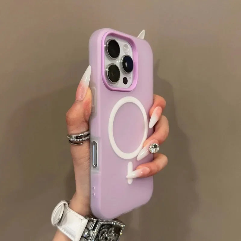 Hand holding a purple phone case with a brand logo against a plain background