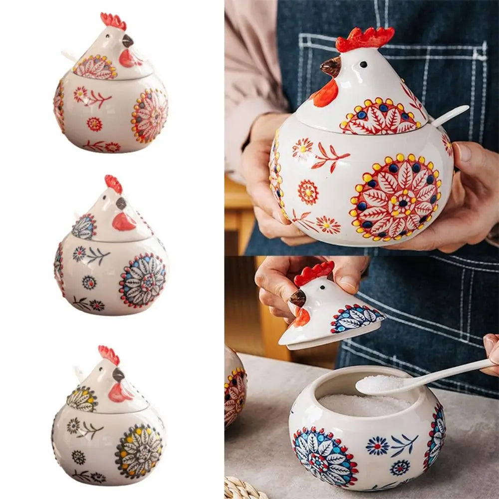Decorative ceramic chicken-shaped container with floral patterns, held by a person.