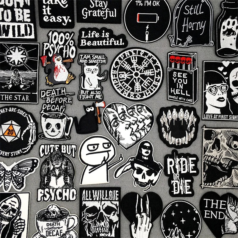 Black and white embroidered punk and skull iron-on patches assorted designs