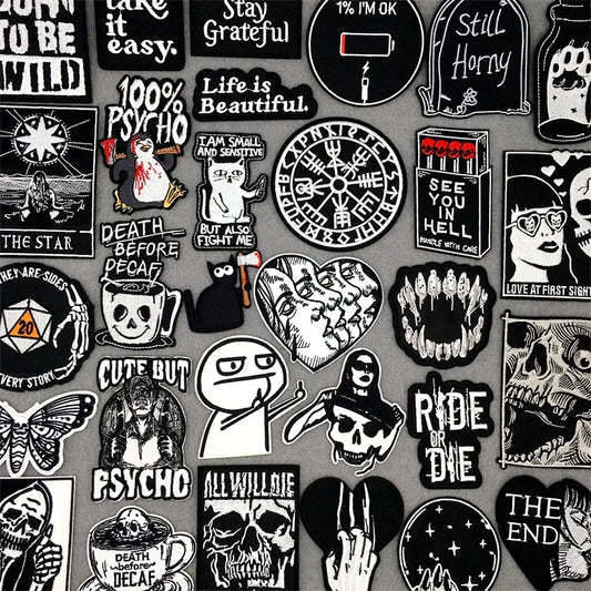 Black and white embroidered punk and skull iron-on patches assorted designs