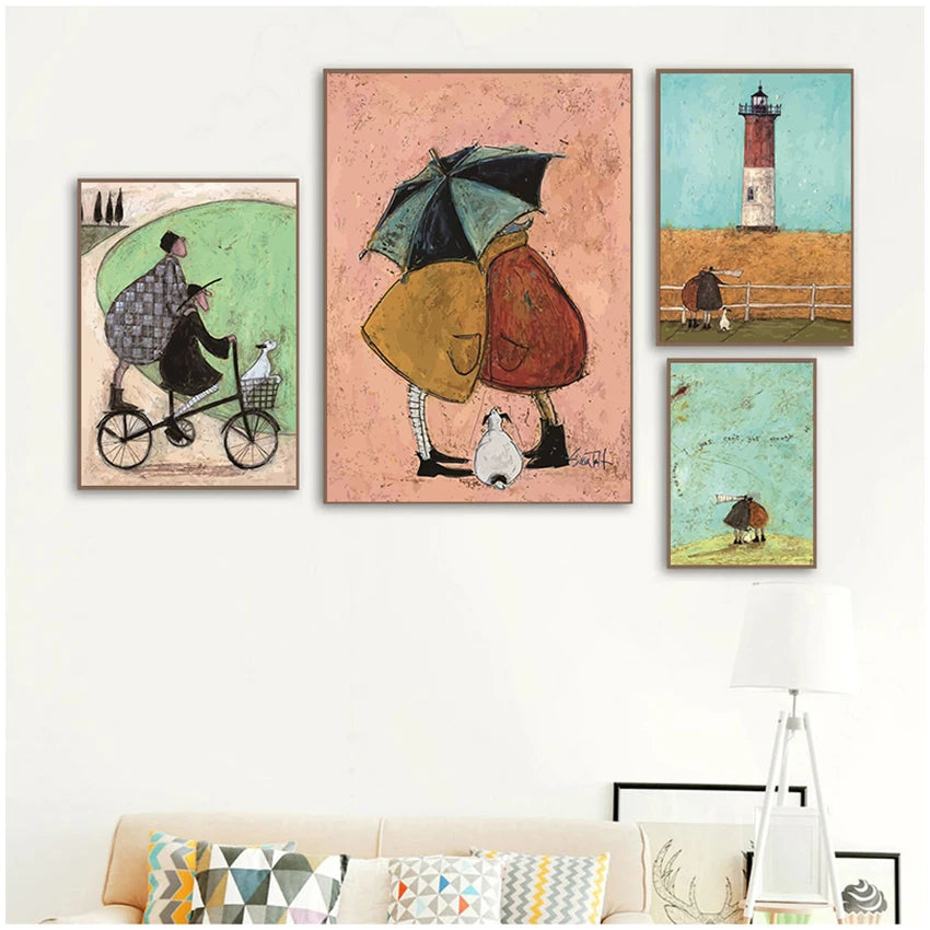 Set of four framed artworks on a wall above a sofa.