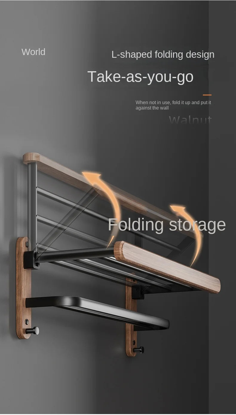 Wall-mounted folding storage rack with L-shaped design on a dark background