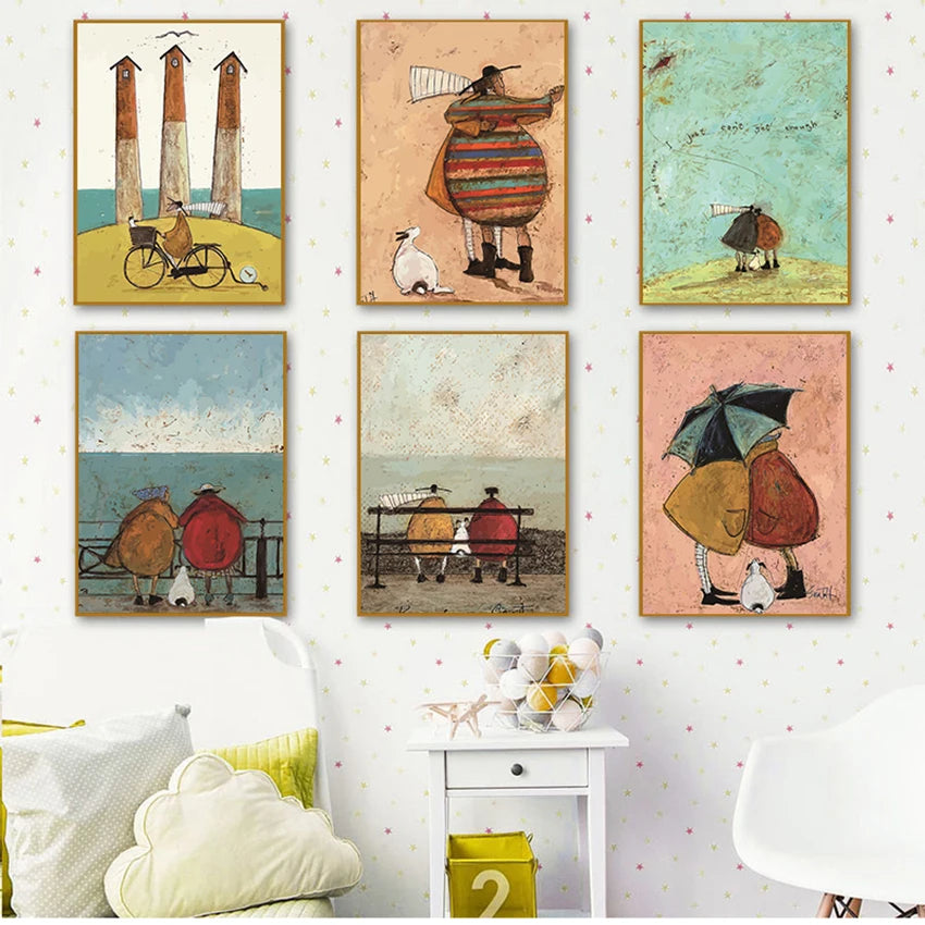 Nordic abstract landscape canvas poster with vintage painterly style and dog motif
