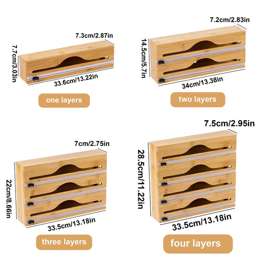 Bamboo kitchen wrap dispenser with integrated foil and cling film cutter