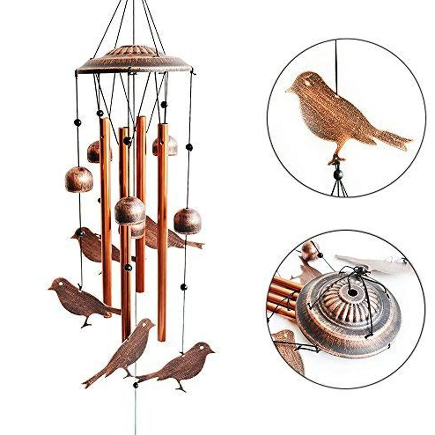 Decorative wind chime with bird designs on a white background