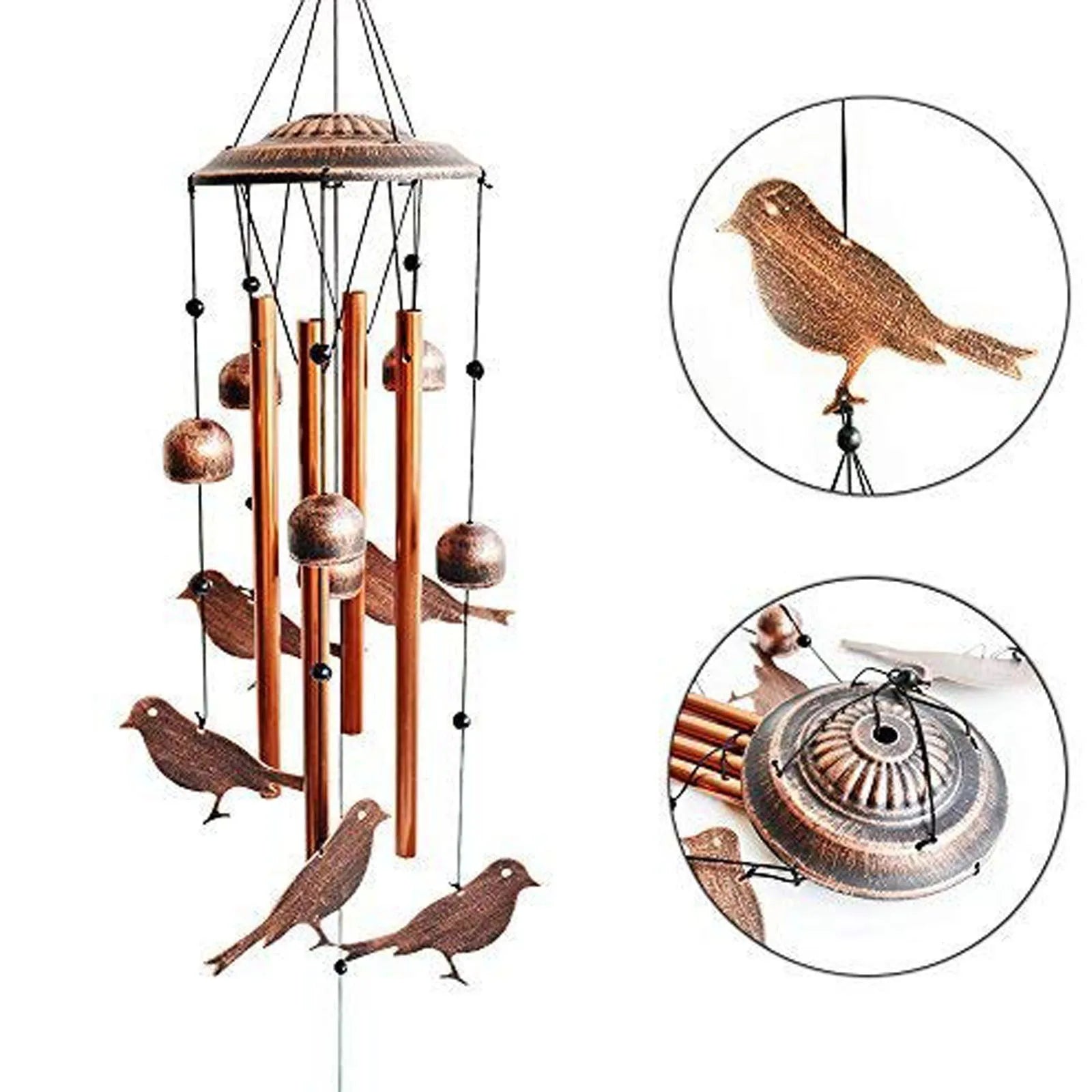 Decorative wind chime with bird designs on a white background