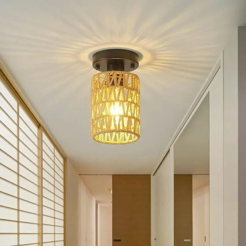 Ceiling light fixture with a decorative glass shade in a room setting