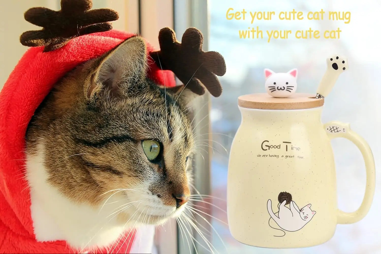 Kawaii pastel cat ceramic mug with wooden lid and cat spoon – Japanese style coffee cup