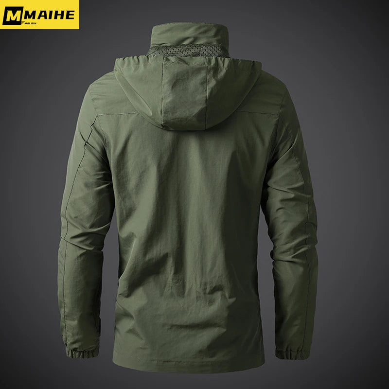 Green jacket with hood on a gray background, featuring the MAIHE brand.