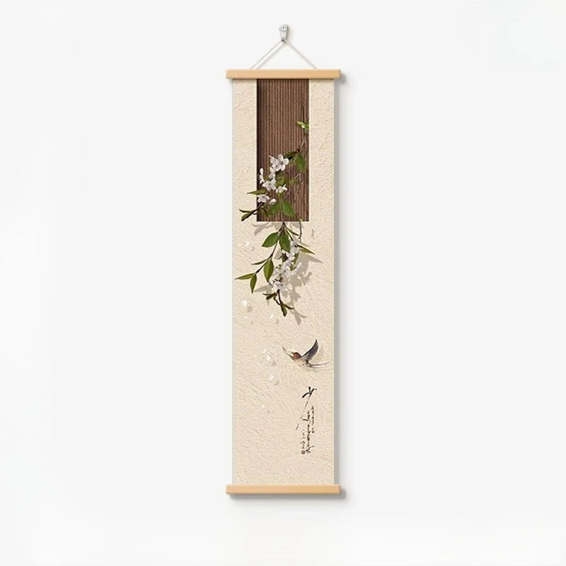 Decorative wall scroll with floral design and text on a white background