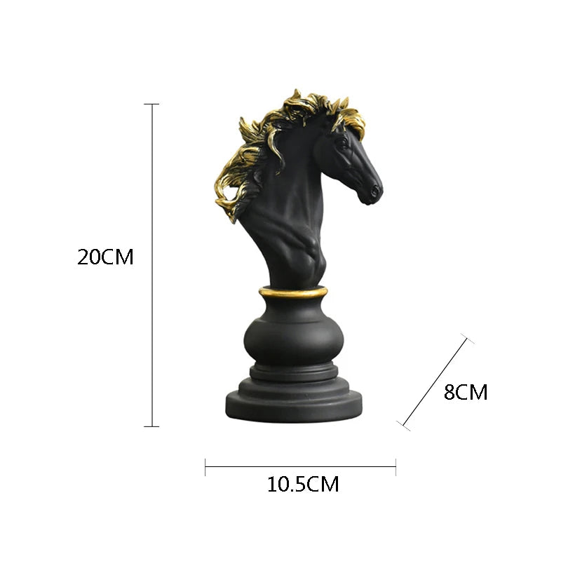 Black horse head sculpture with gold detailing and dimensions on a white background