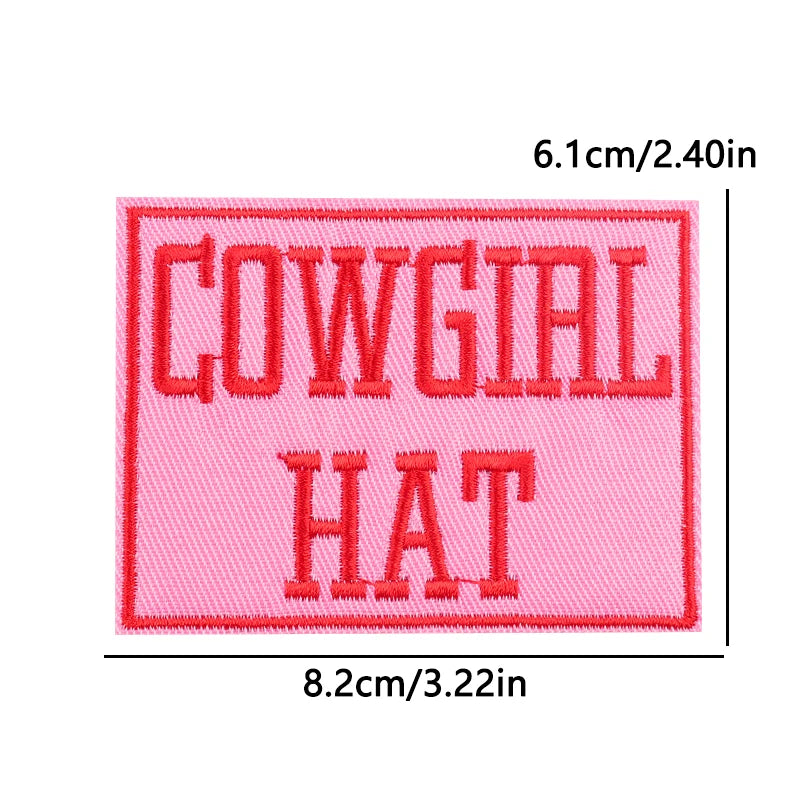 Pink patch with 'COWGIRL HAT' text and measurements on a white background