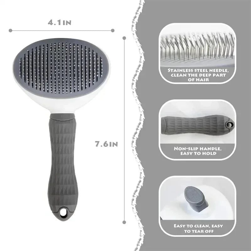 Pet grooming brush with measurements and feature descriptions on a gray background