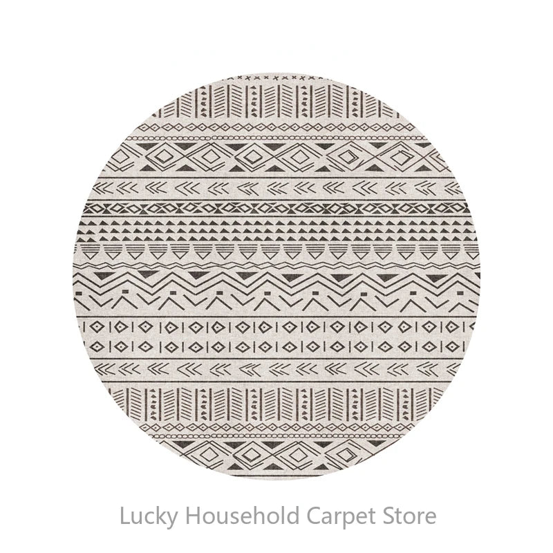 Round carpet with black and white pattern on a white background, branded 'Lucky Household Carpet Store'.