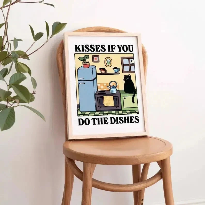 Kisses If You Do The Dishes cartoon cat kitchen wall art print in wooden frame